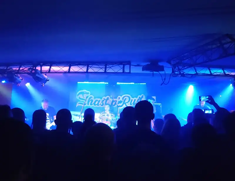Koncert w niebieskim świetle, tłum pod sceną
